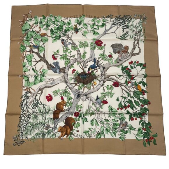 Hermes Carre 90 Scarf Silk U Coeur DES BOIS In The Forest Brown